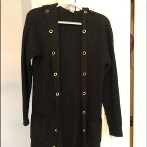 Black cardigan/duster sweater with gold grommets